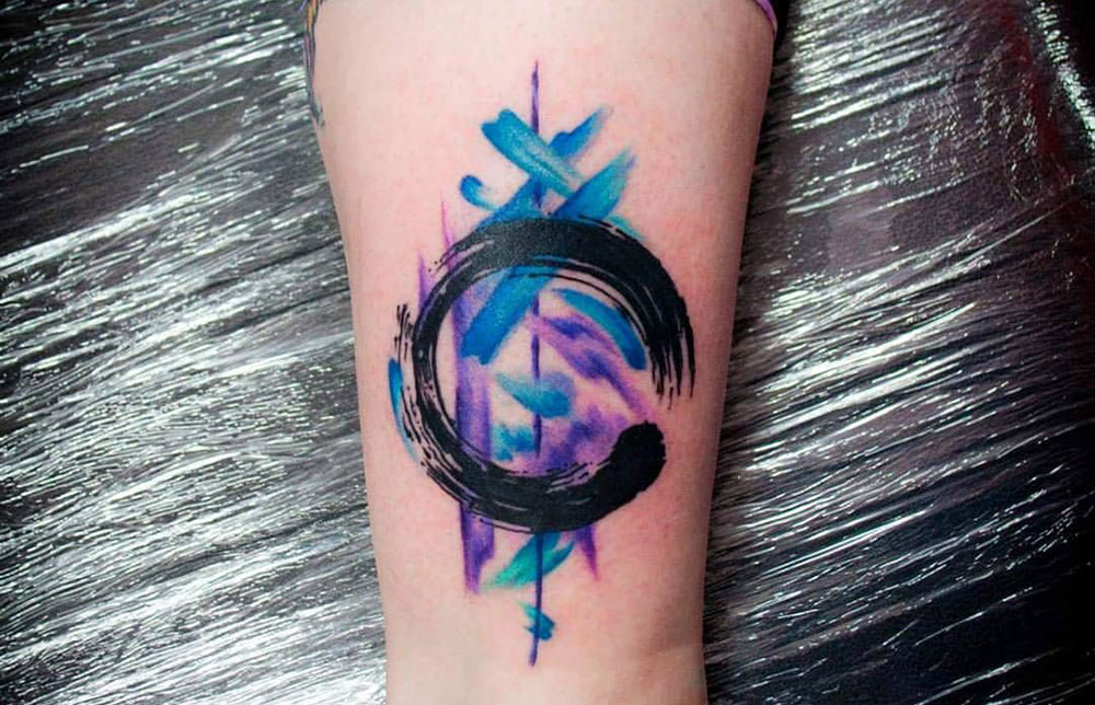 Watercolor Zen Circle Tattoo Design For Leg